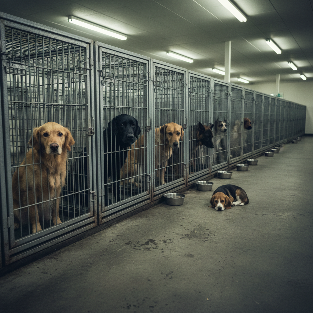 Multiple sad dogs locked in kennel cages