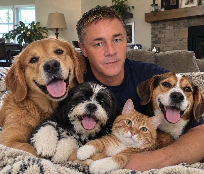 Daniel with dogs and cats at Dog Gone Service