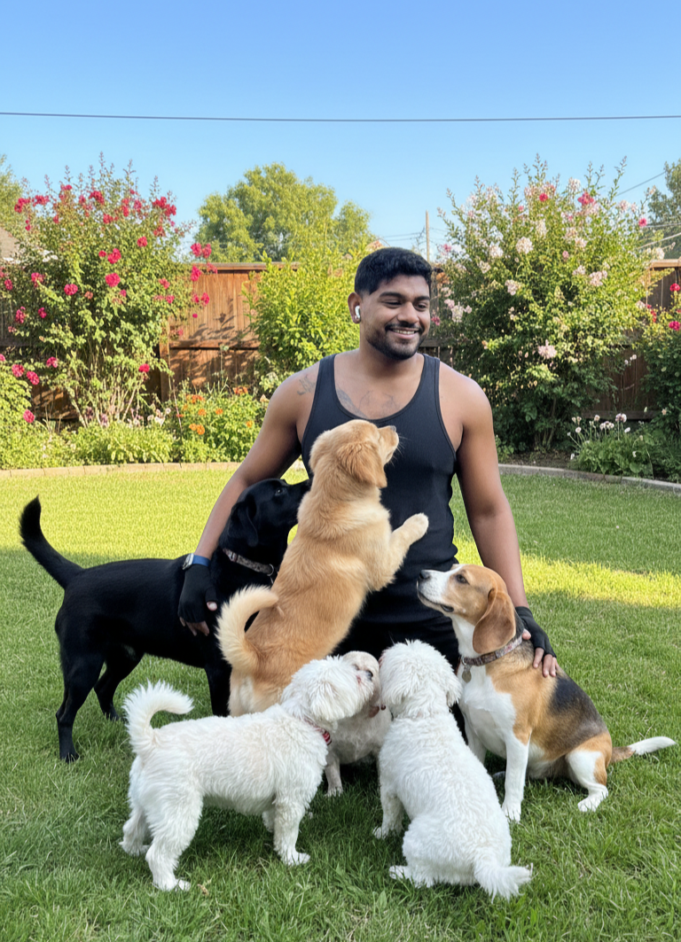 Welington surrounded by happy dogs at Dog Gone Service
